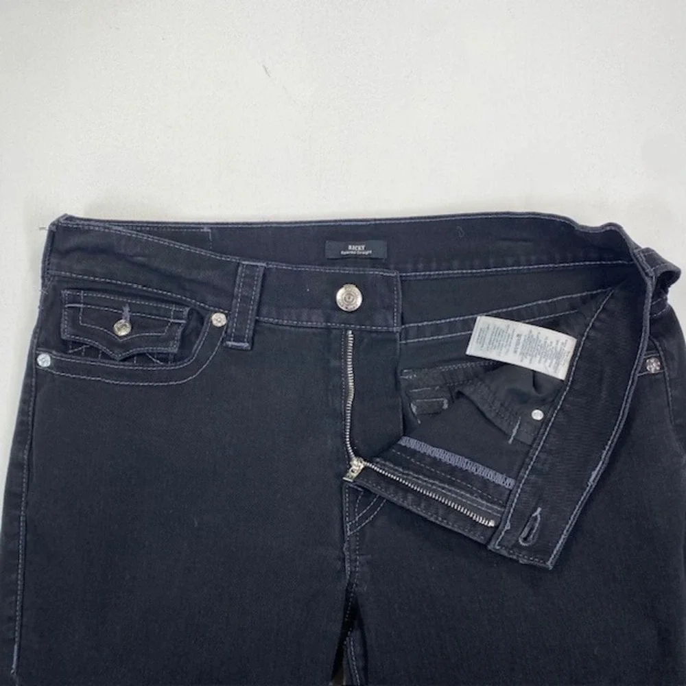 True Religion Ricky Relaxed Straight Black Jeans Mens 36 Contrast Stitch Flap SN